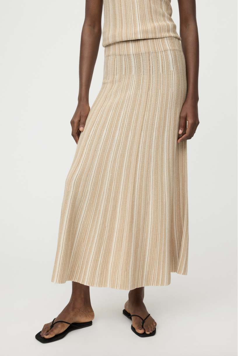 TEXTURED STRIPED SKIRT CAMEL