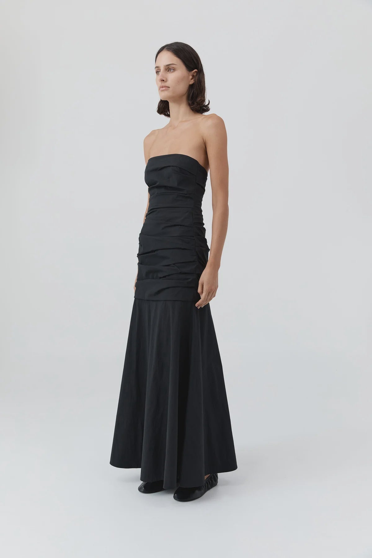 GATHERED STRAPLESS LONGLINE DRESS