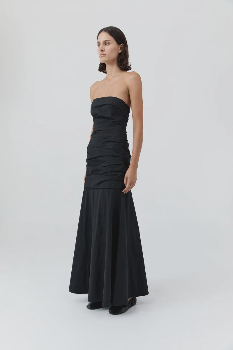 GATHERED STRAPLESS LONGLINE DRESS