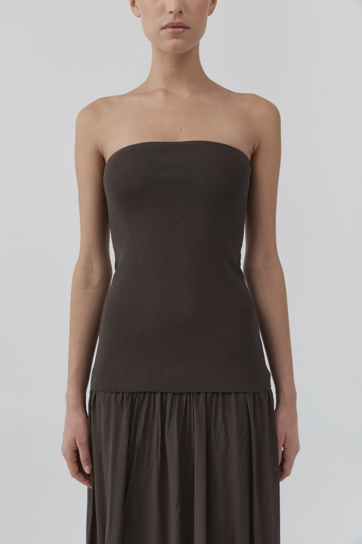 STRAPLESS BALLON HEM DRESS CEDAR