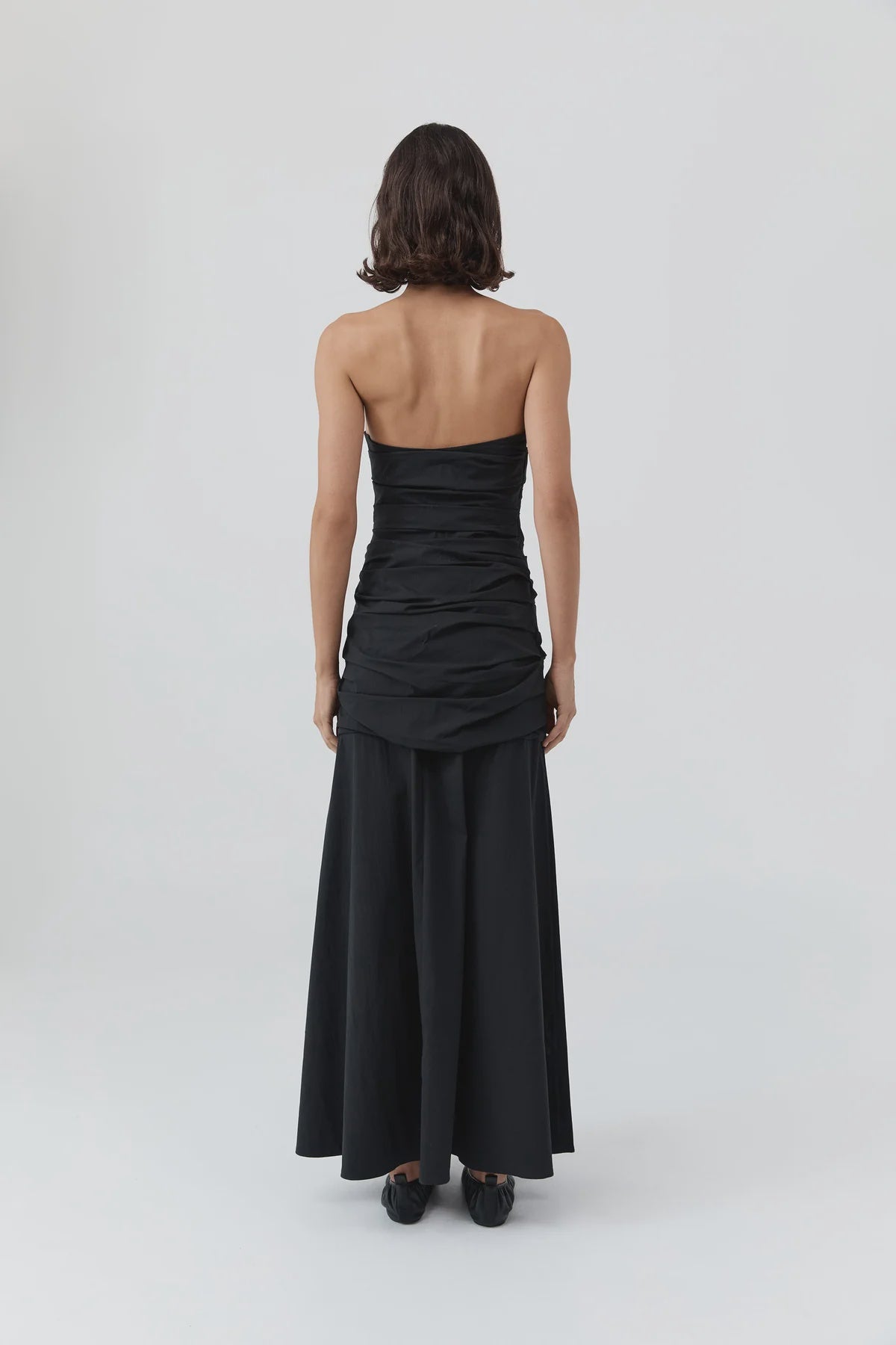 GATHERED STRAPLESS LONGLINE DRESS