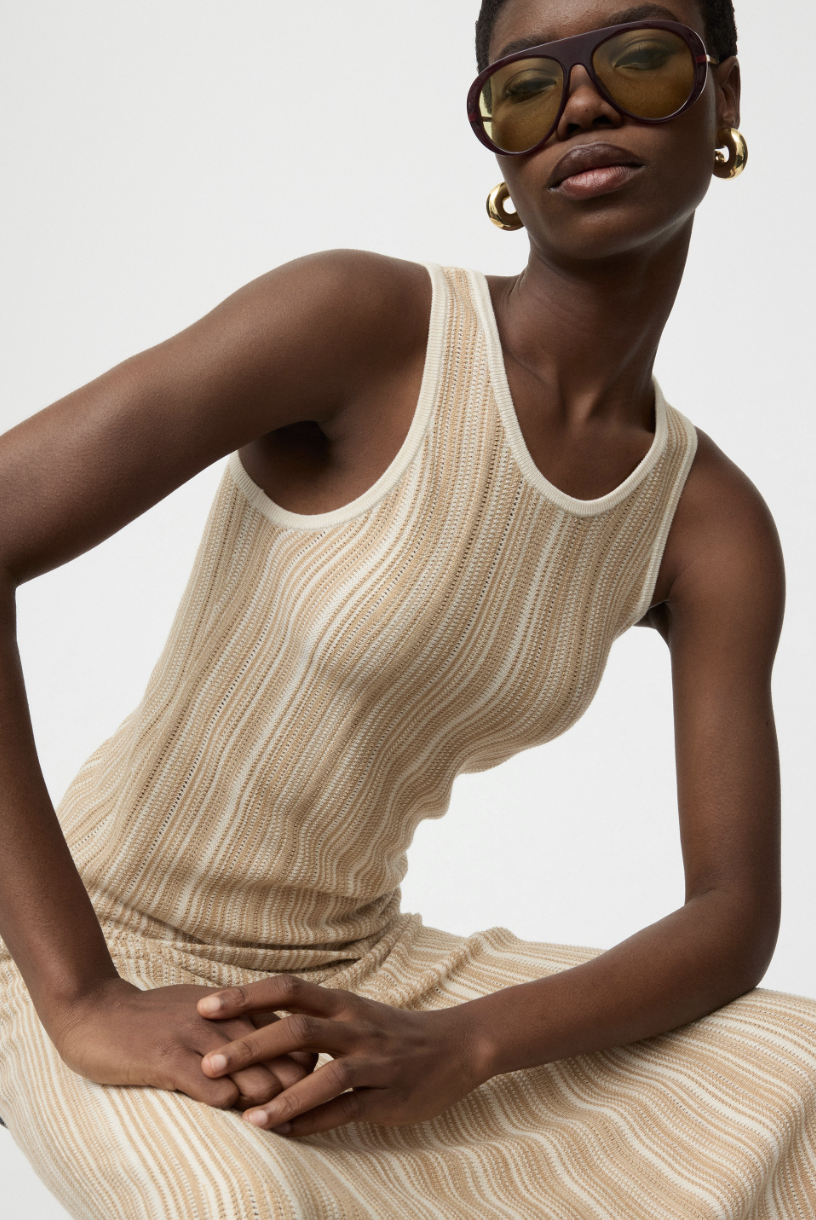 TEXTURED STRIPED SKIRT CAMEL