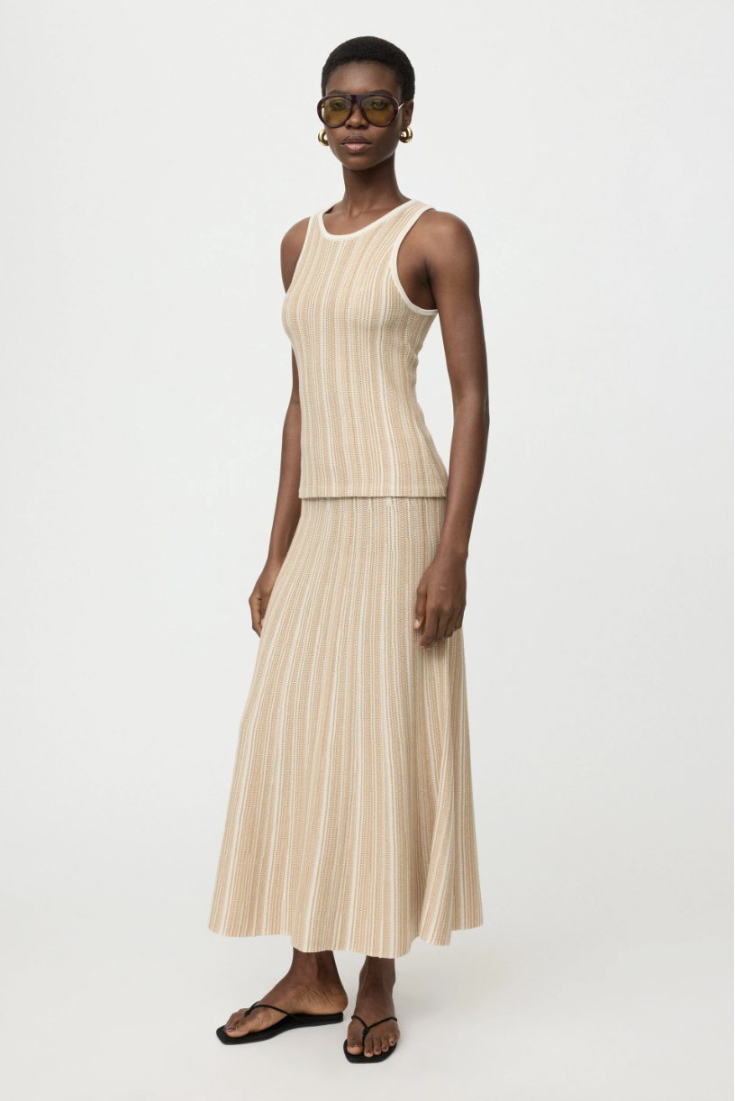 TEXTURED STRIPED SKIRT CAMEL