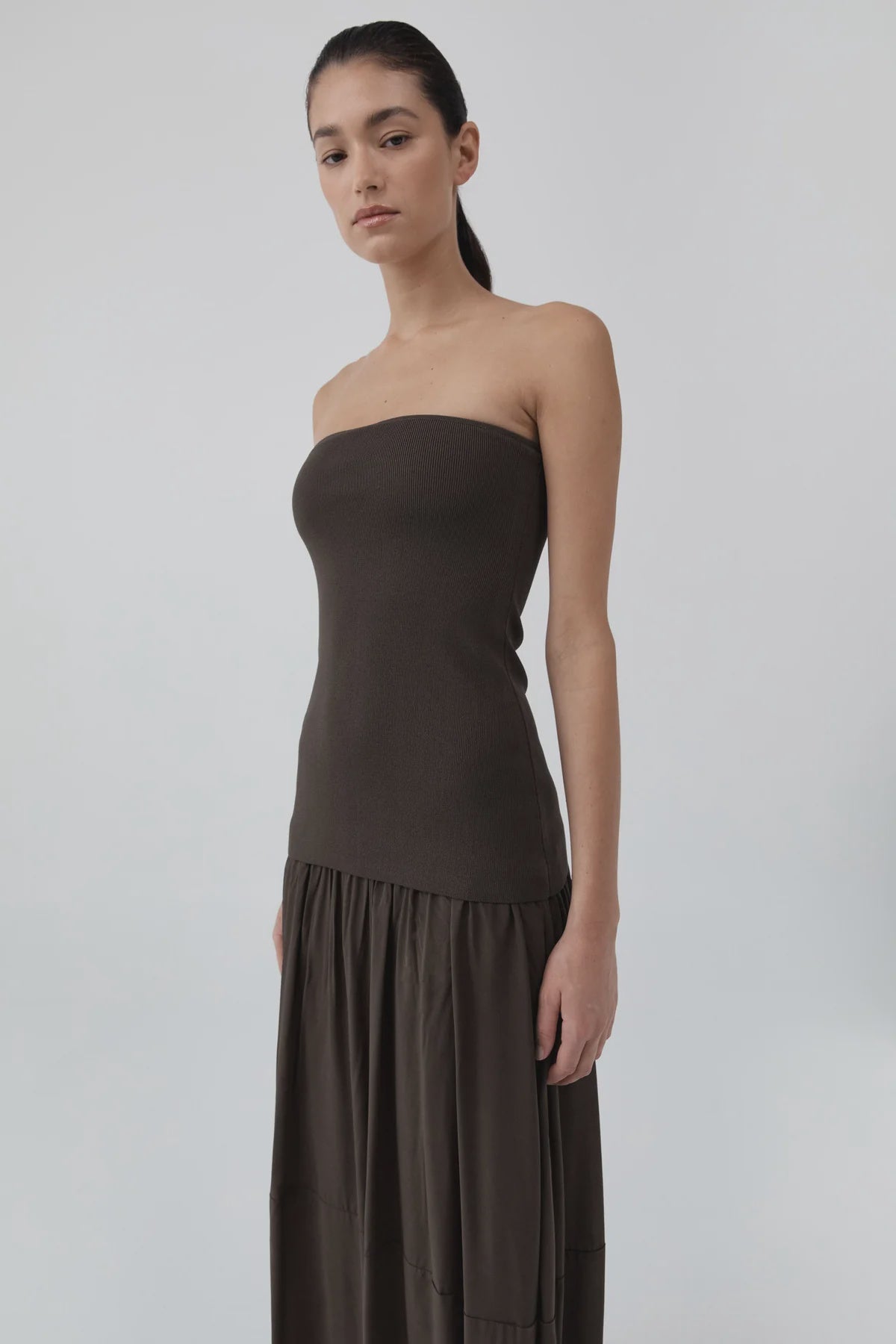 STRAPLESS BALLON HEM DRESS CEDAR