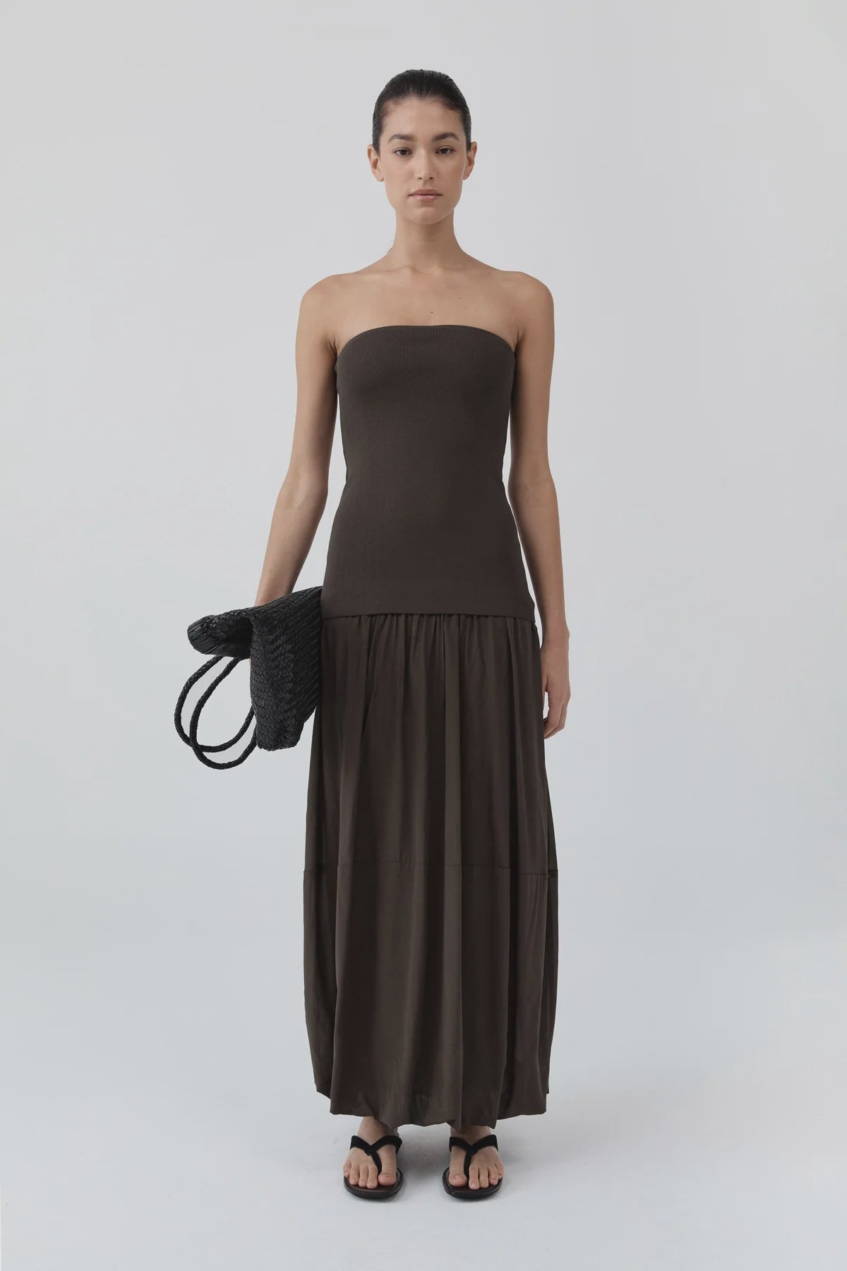 STRAPLESS BALLON HEM DRESS CEDAR