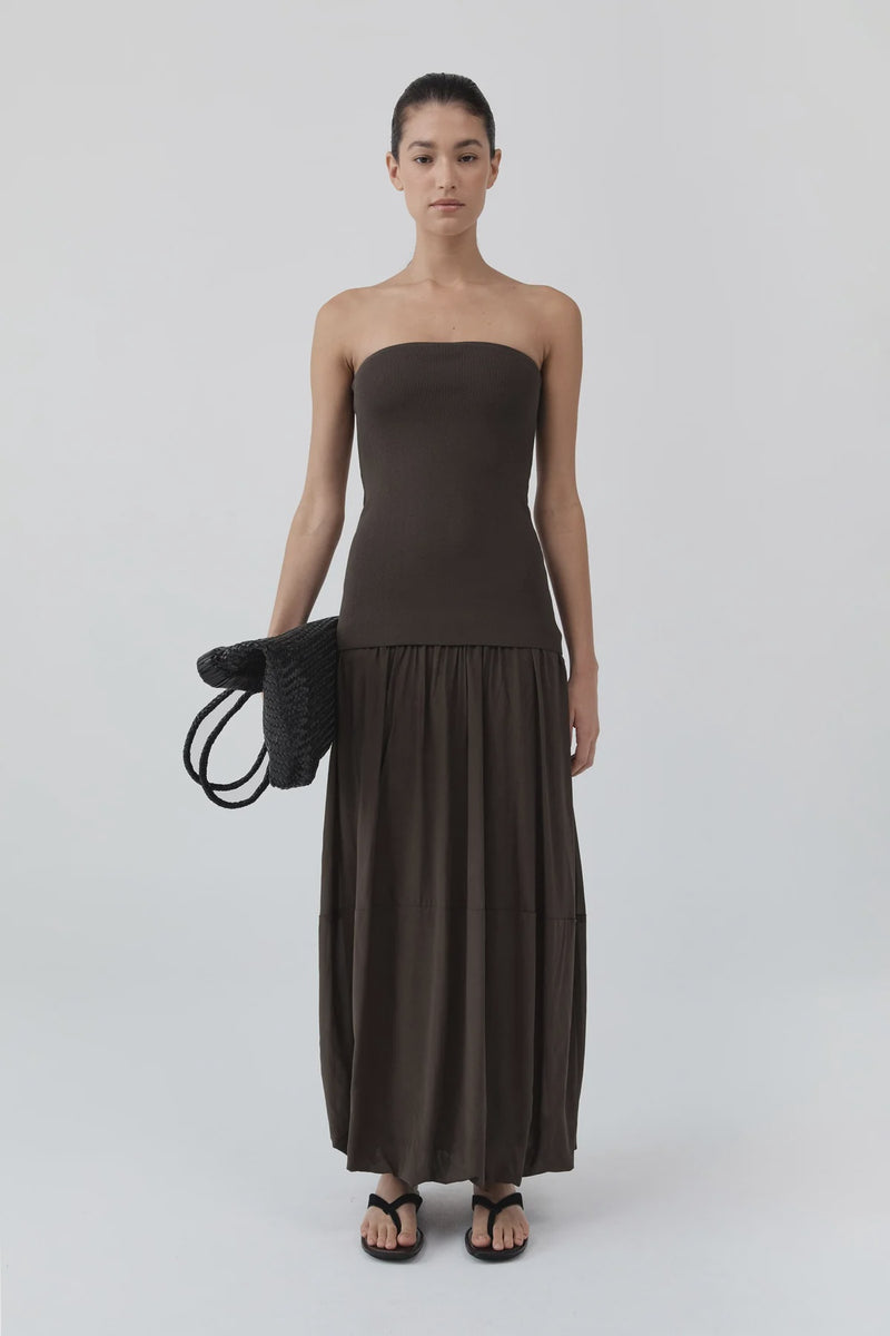 STRAPLESS BALLON HEM DRESS CEDAR