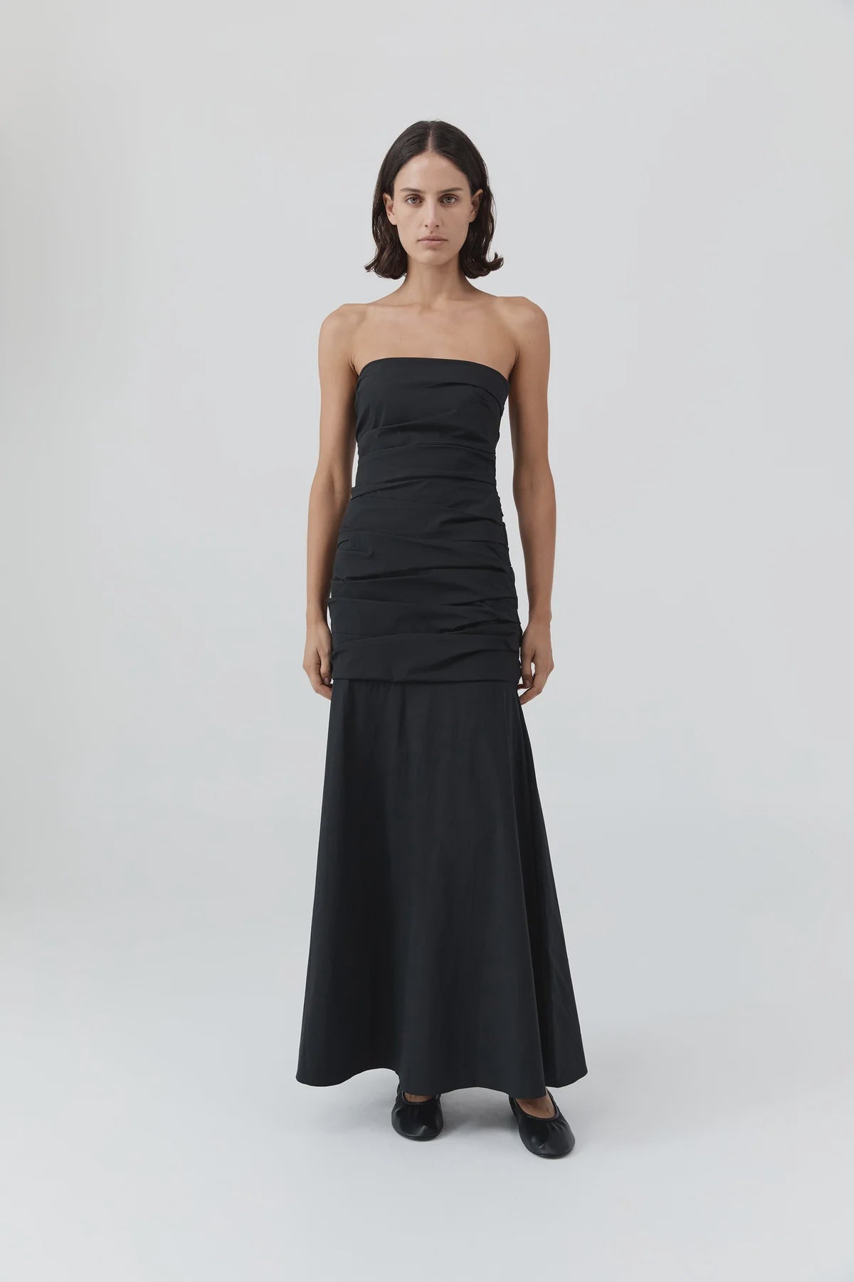 GATHERED STRAPLESS LONGLINE DRESS